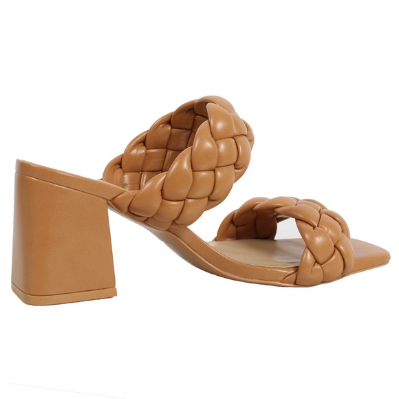 Camel Braided Open Toe Double Strap Heels - Picture 3 of 6